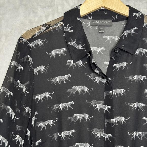 Lane Bryant Blouse Womens 18/20 Black Leopard Print Button Up Sheer Long Sleeve - Picture 2 of 9